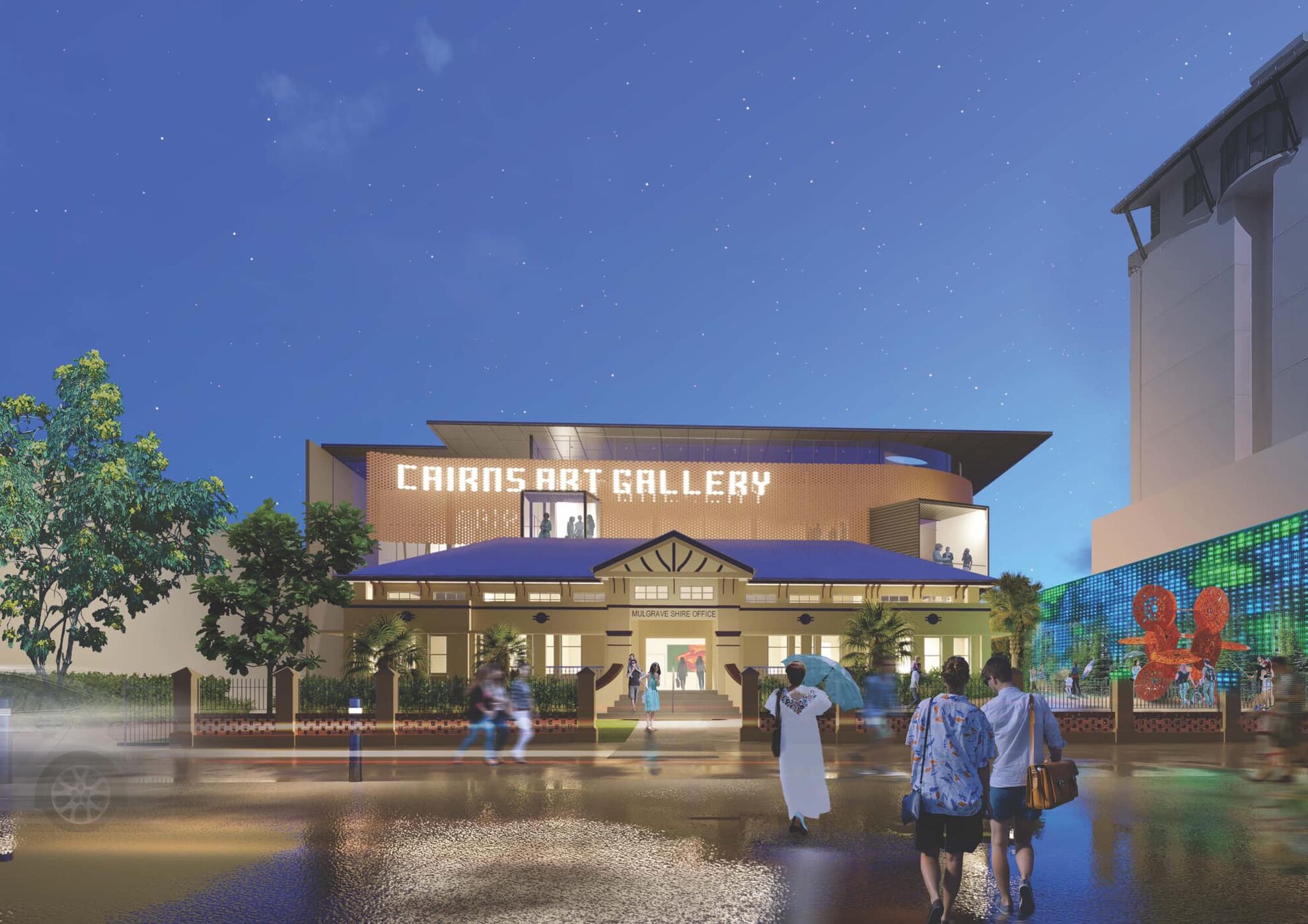 A CGI of the Cairns Gallery Precinct featuring an upgraded Mulgrave Shire Building against the backdrop of Cairns Art Gallery